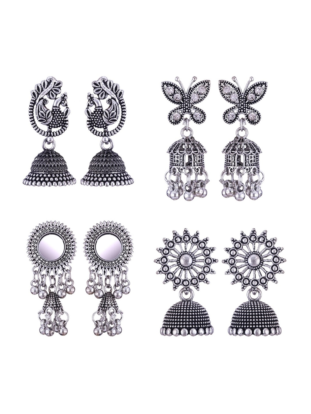 

MEENAZ Set Of 4 Silver Plated Dome Shaped Jhumkas