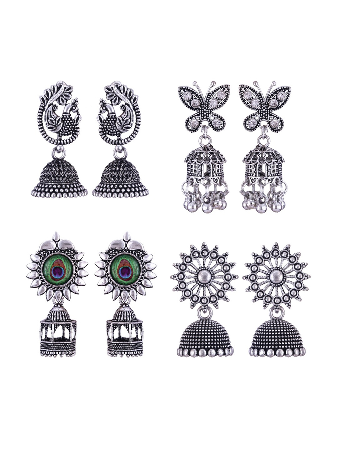 

MEENAZ Set Of 4 Silver-Plated Stainless Steel Peacock Shaped Jhumkas