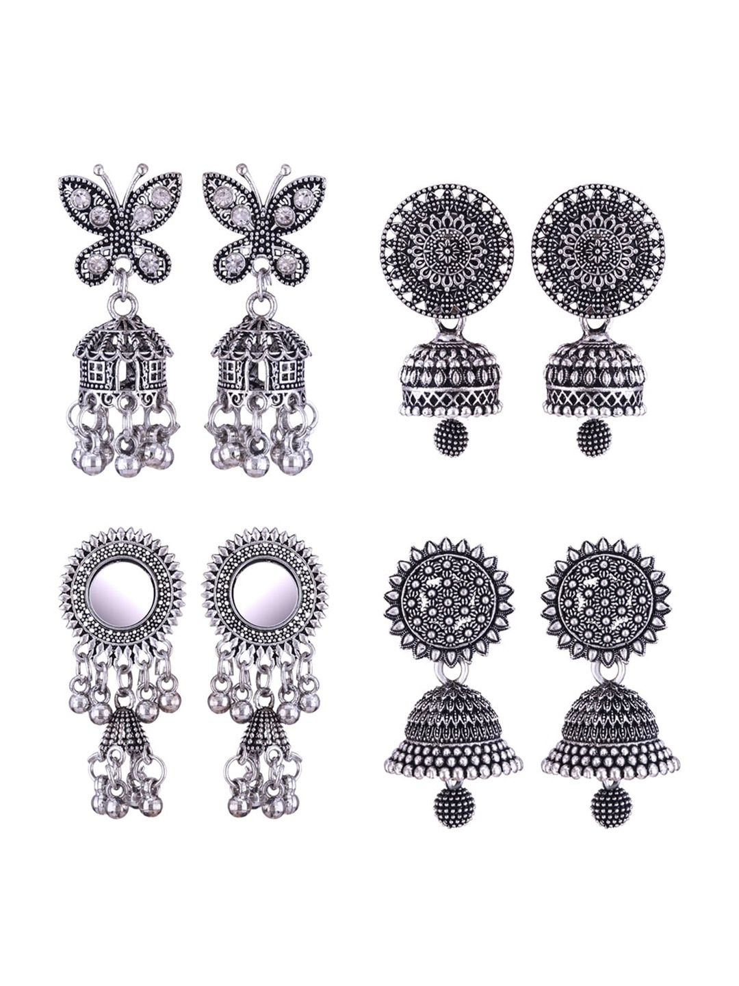 

MEENAZ Set Of 4 Silver-Plated Oxidised Peacock Shaped Jhumkas