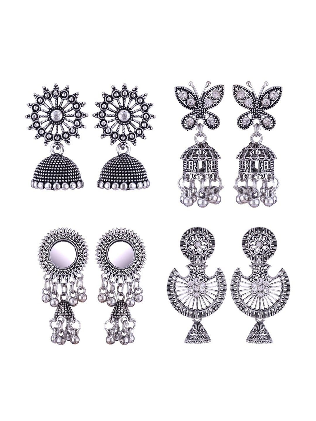 

MEENAZ Set Of 4 Silver-Plated Stainless Steel Peacock Shaped Jhumkas