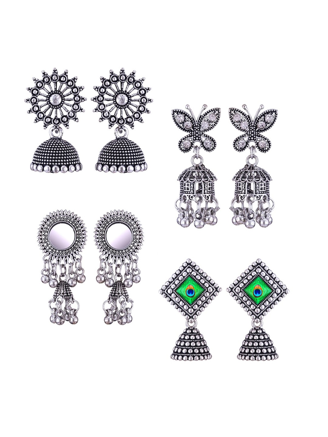 

MEENAZ Set Of 4 Silver-Plated Peacock Shaped Jhumkas