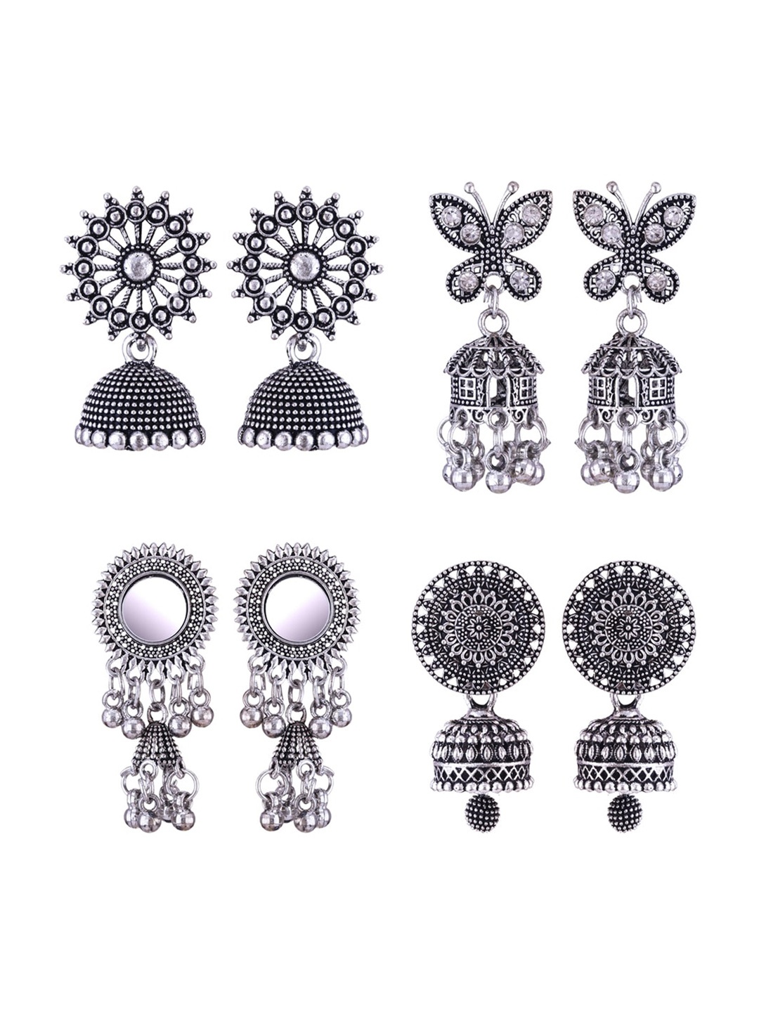 

MEENAZ Set Of 4 Silver-Plated Peacock Shaped Jhumkas