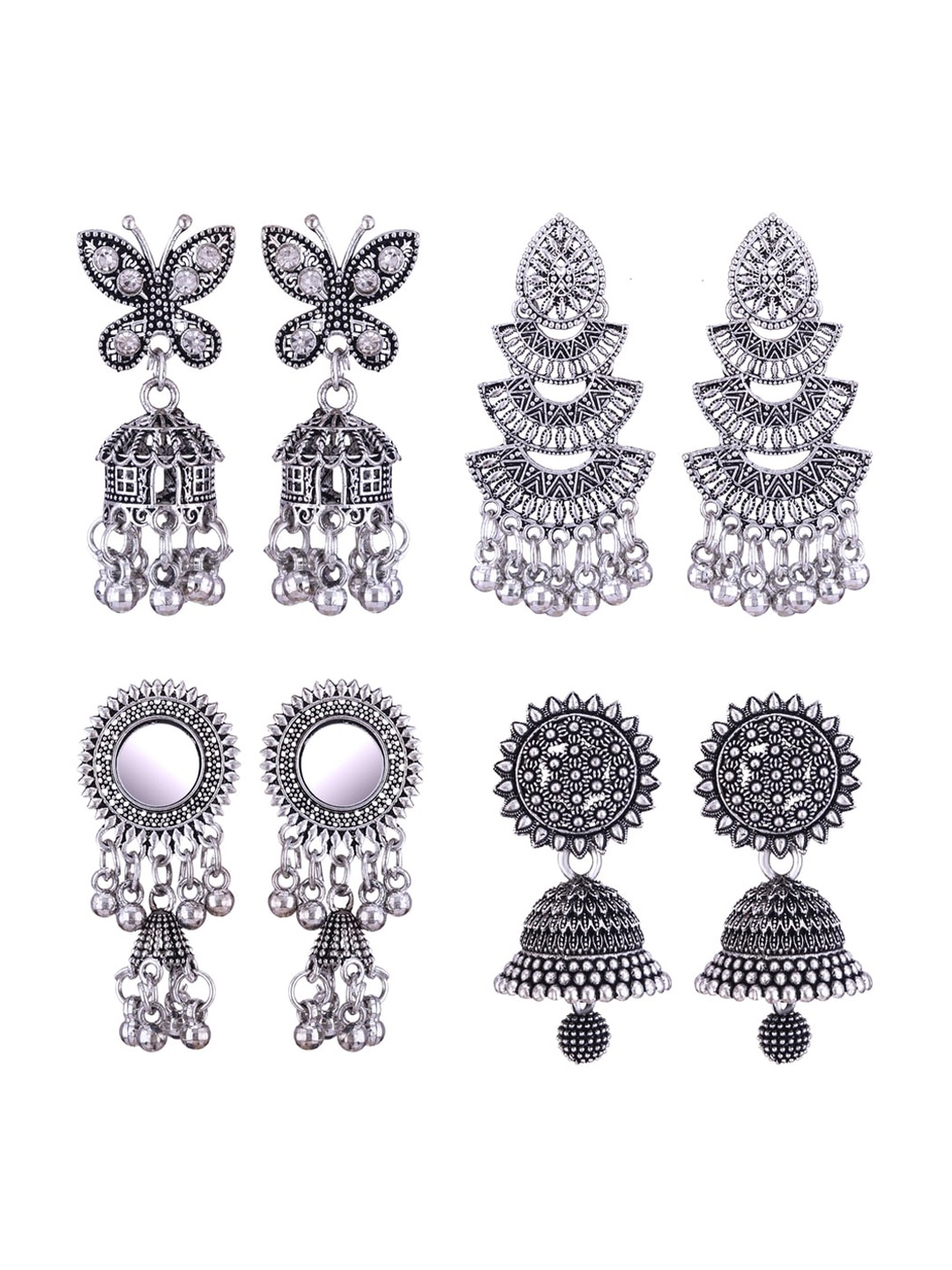 

MEENAZ Set Of 4 Silver-Plated Stainless Steel Peacock Shaped Jhumkas