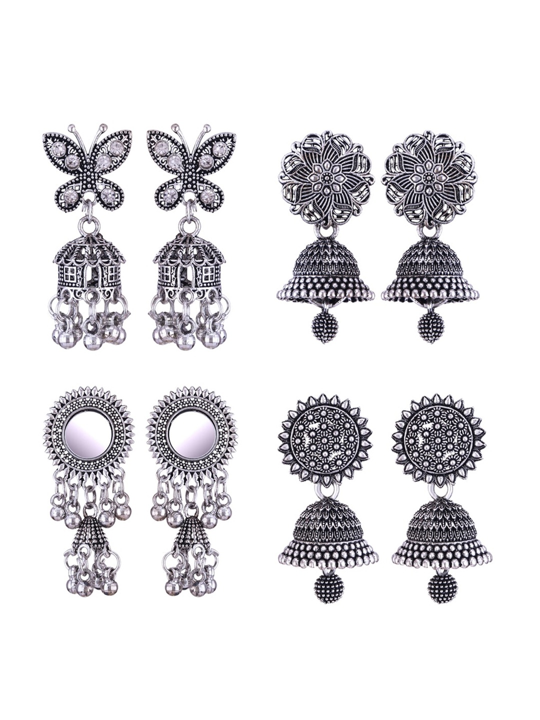 

MEENAZ Set Of 4 Silver-Plated Stainless Steel Peacock Shaped Jhumkas