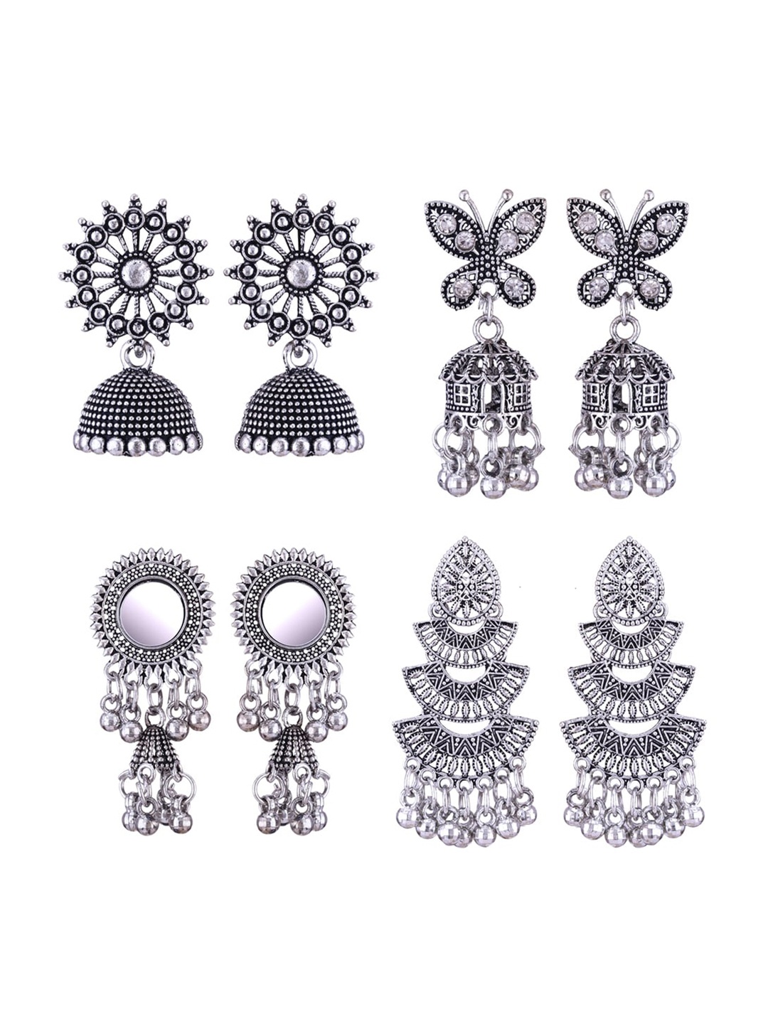 

MEENAZ Set Of 4 Silver-Plated Stainless Steel Peacock Shaped Jhumkas