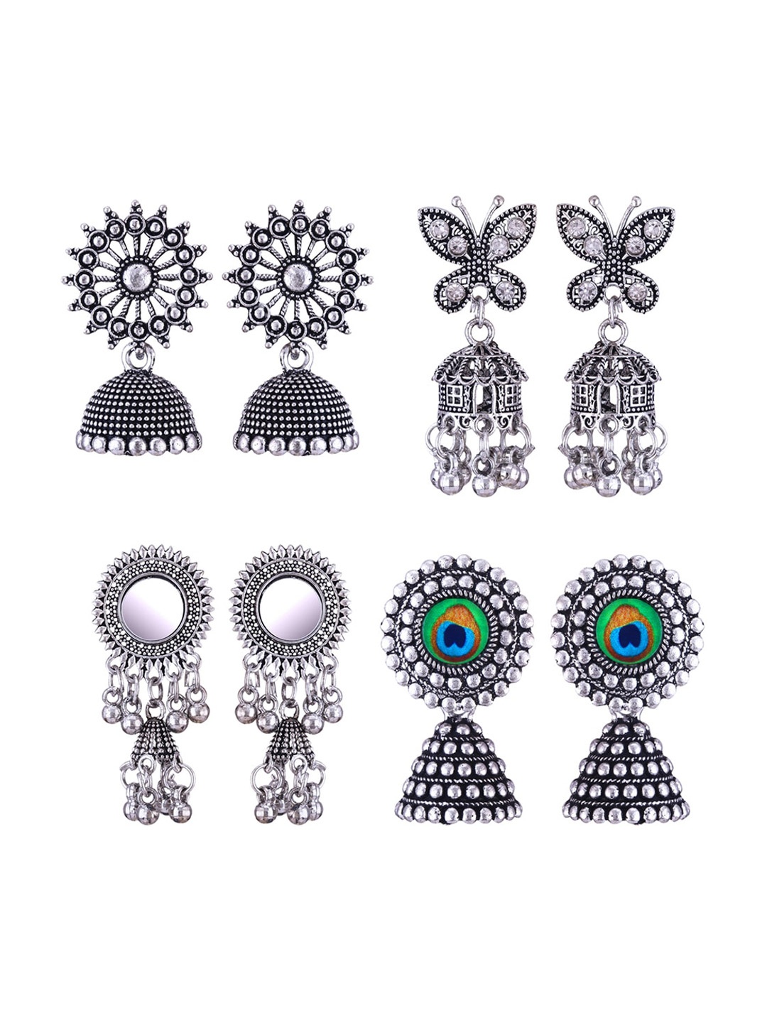 

MEENAZ Pack Of 4 Silver-Plated Dome Shaped Oxidised Jhumkas