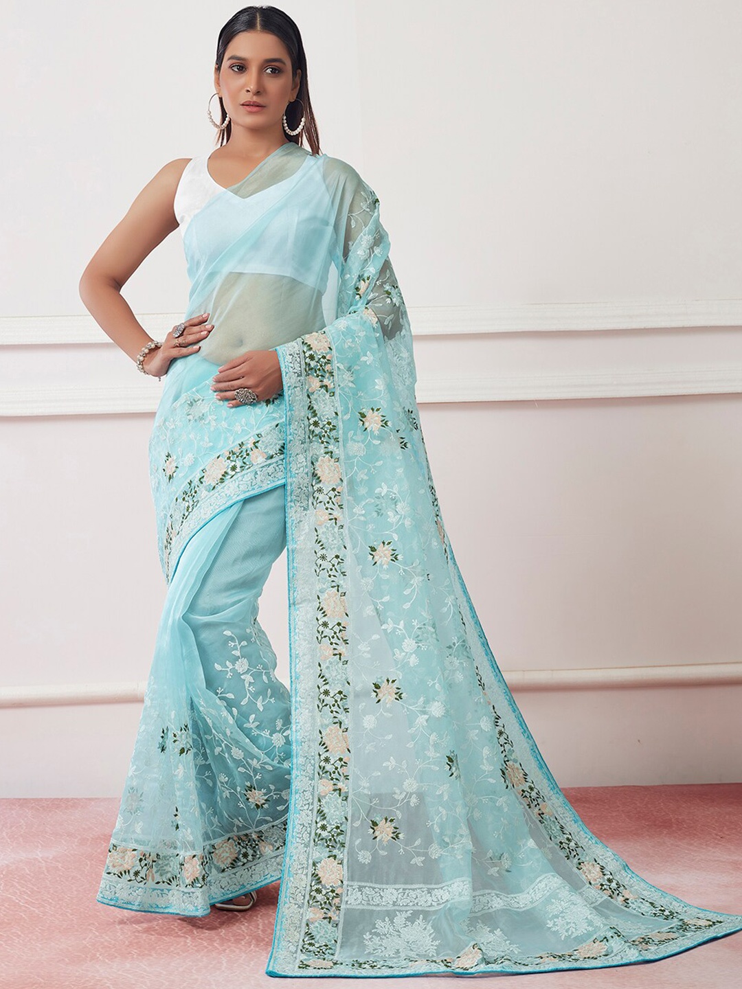 

Mitera Floral Embroidered Organza Saree, Blue