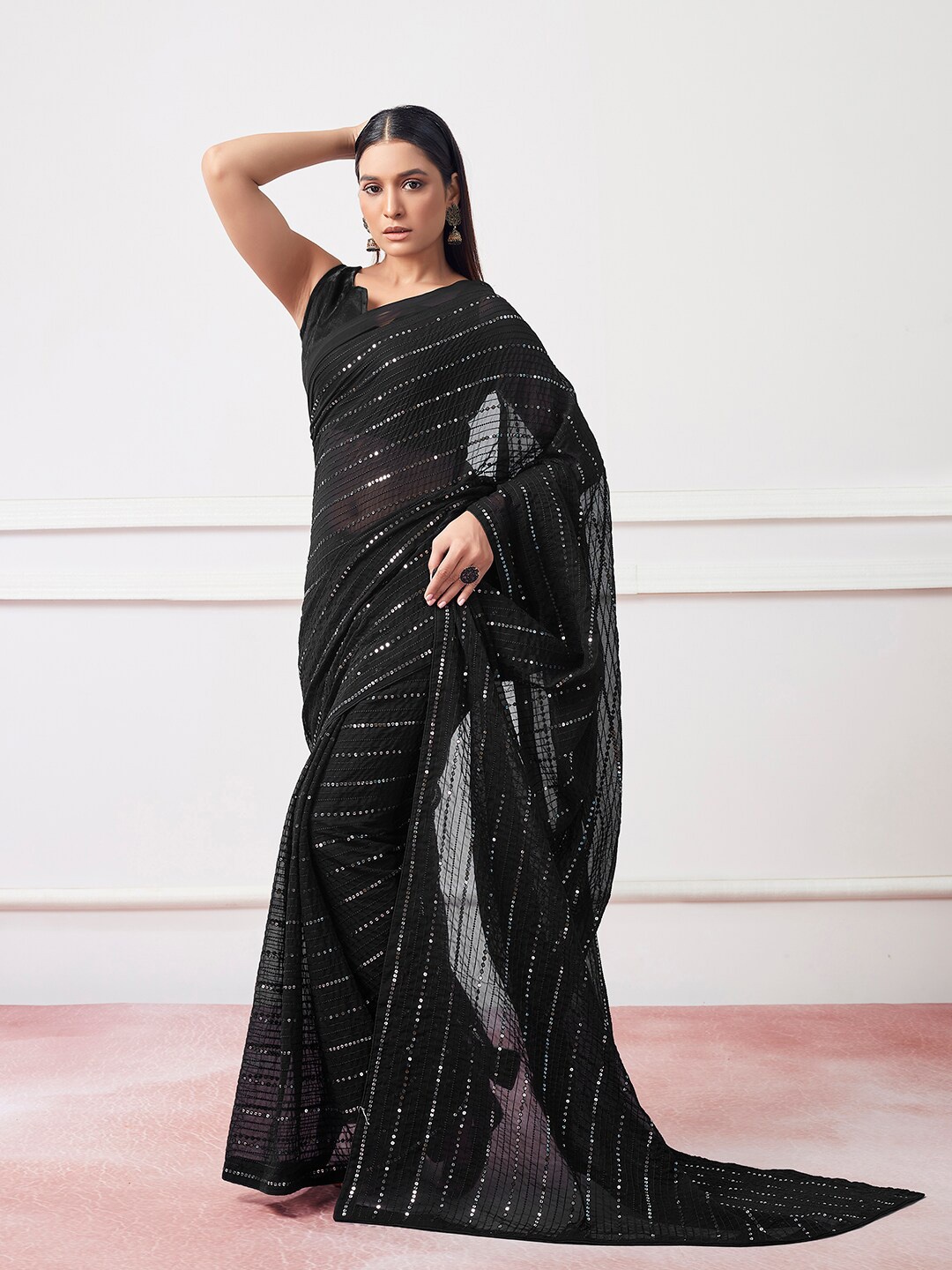 

Mitera Black Embellished Sequinned Pure Georgette Designer Saree