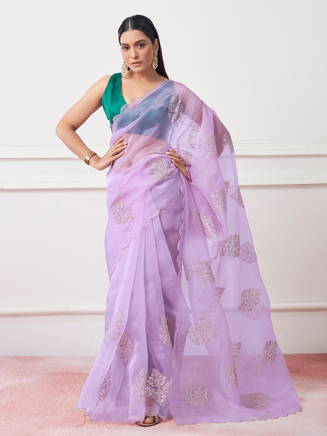 

Mitera Lavender Floral Embroidered Sequinned Organza Saree