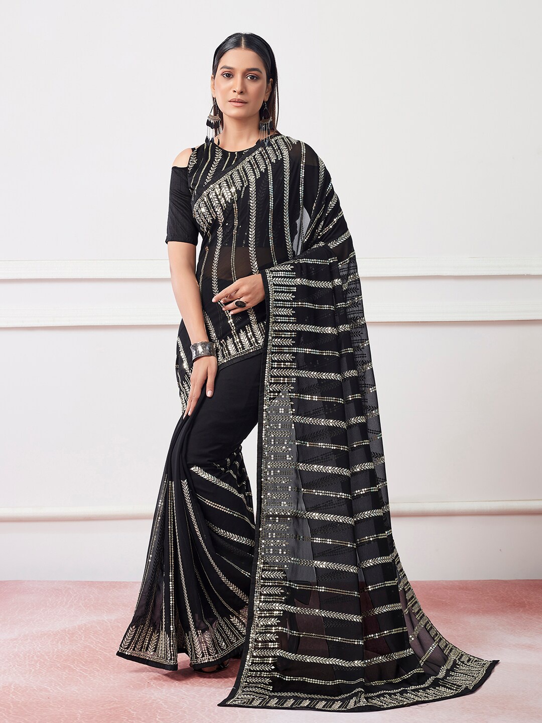 

Mitera Black Embellished Sequinned Pure Georgette Saree