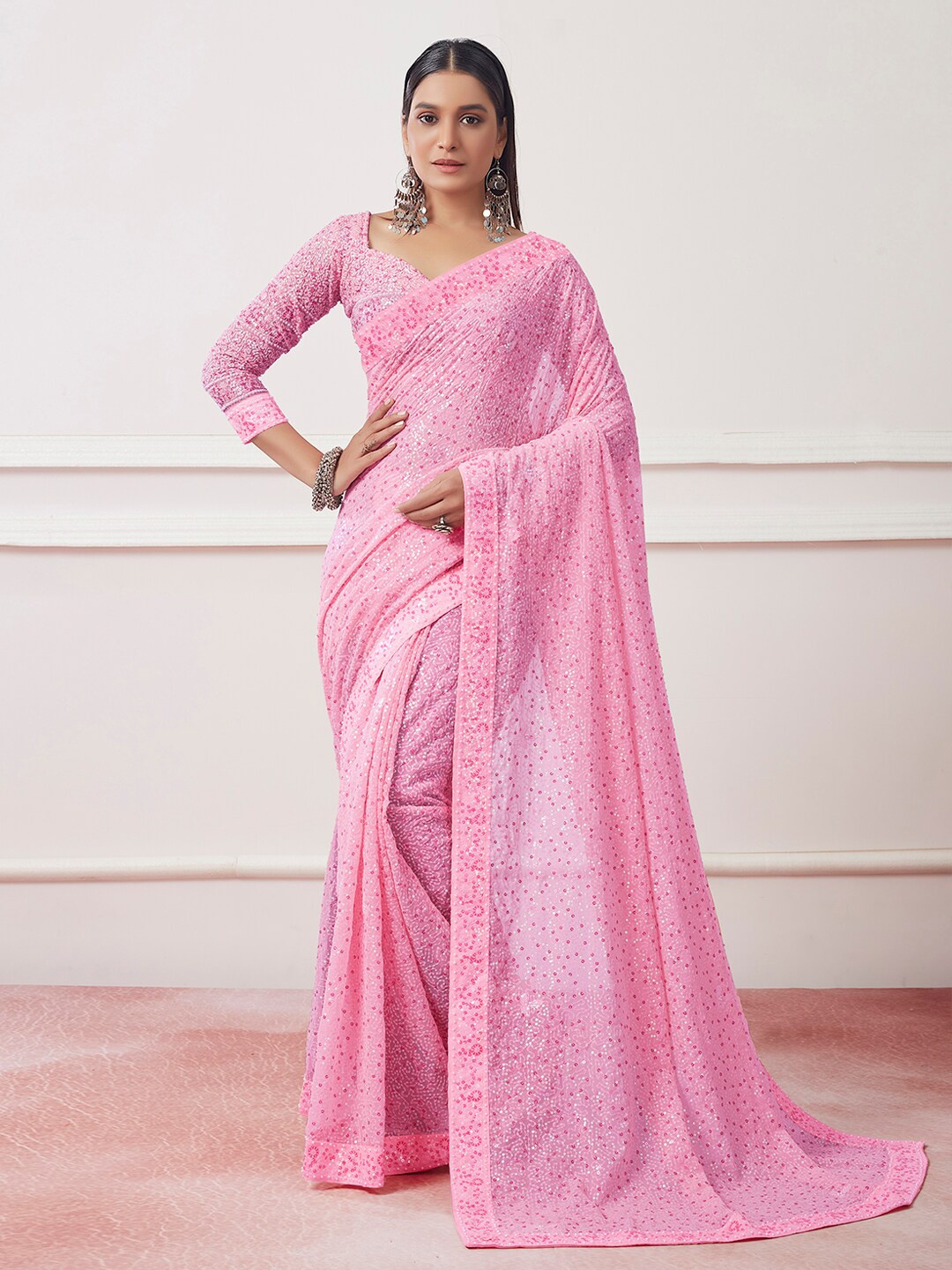 

Mitera Pink Embellished Sequinned Pure Georgette Saree