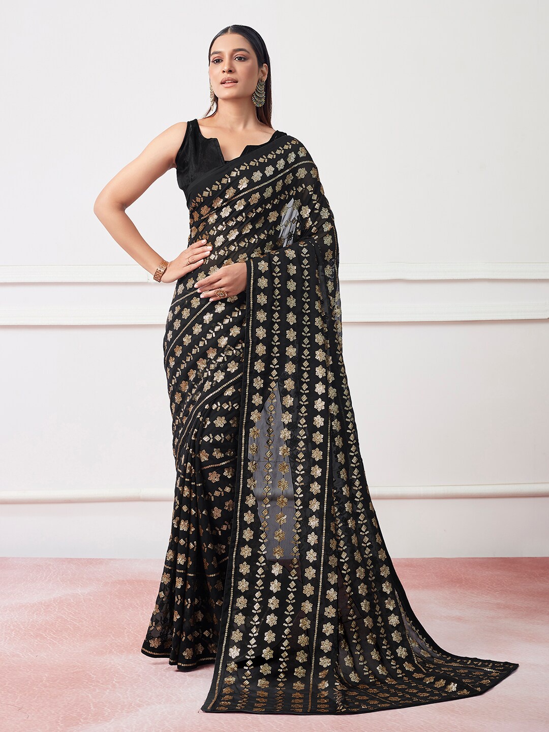 

Mitera Black Embellished Sequinned Pure Georgette Saree