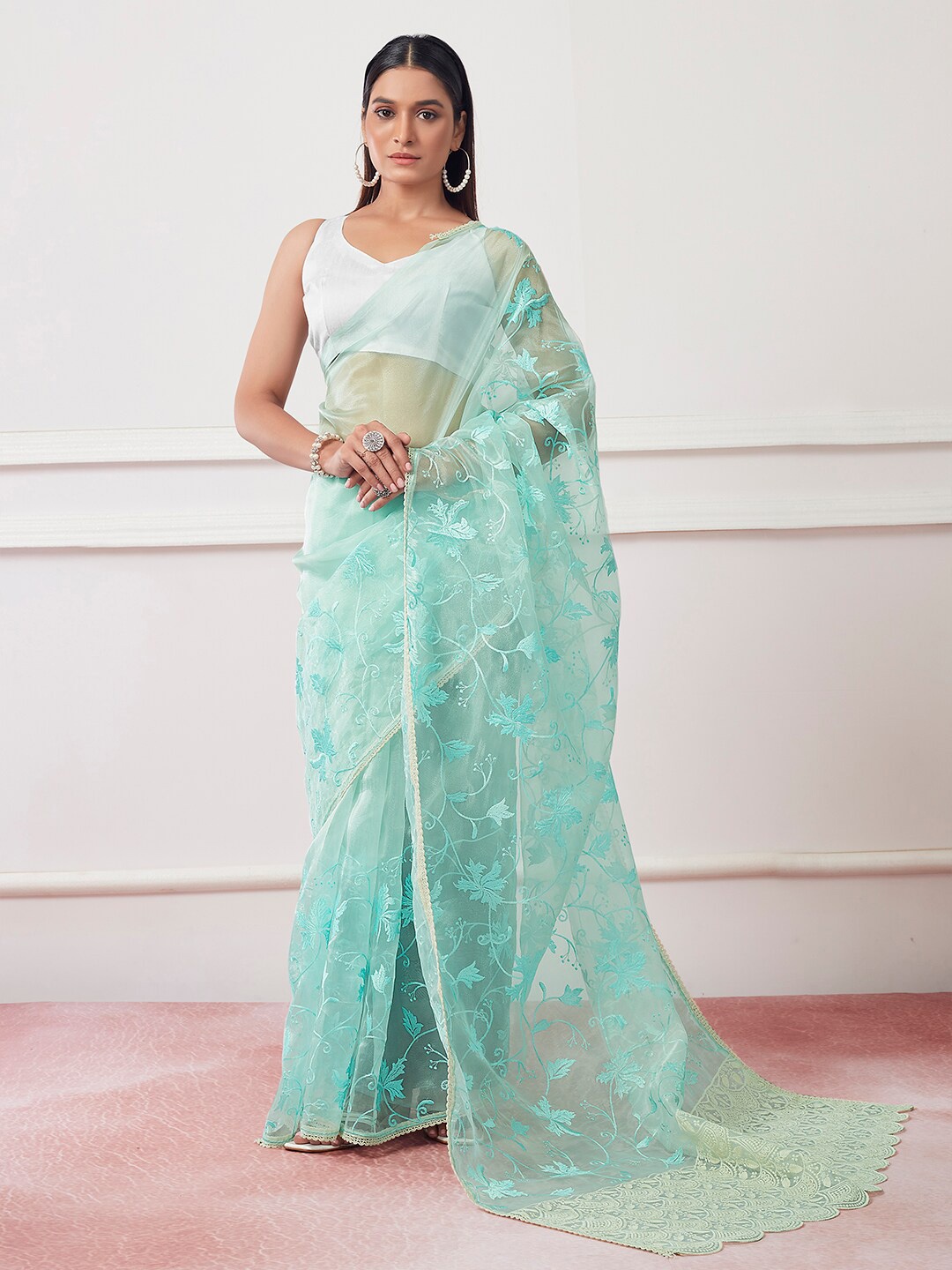 

Mitera Blue Floral Embroidered Organza Designer Saree