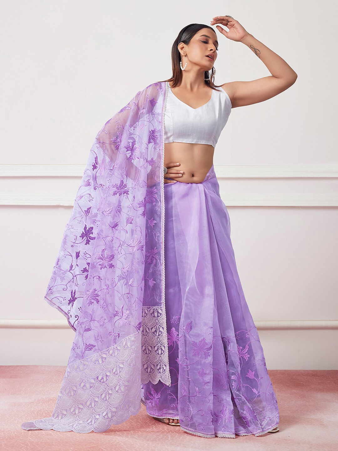 

Mitera Floral Embroidered Organza Saree, Lavender