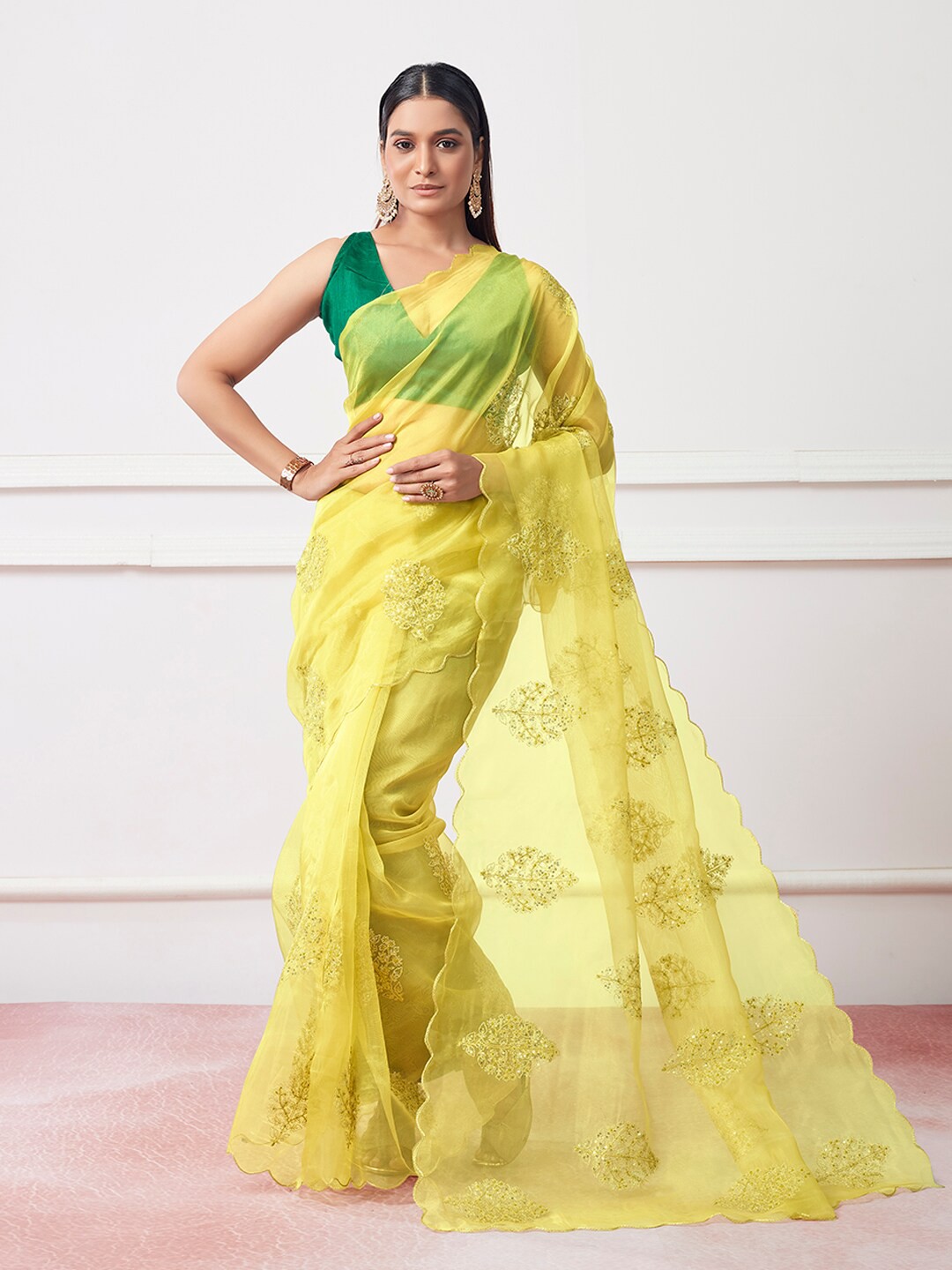 

Mitera Floral Embroidered Organza Saree, Yellow