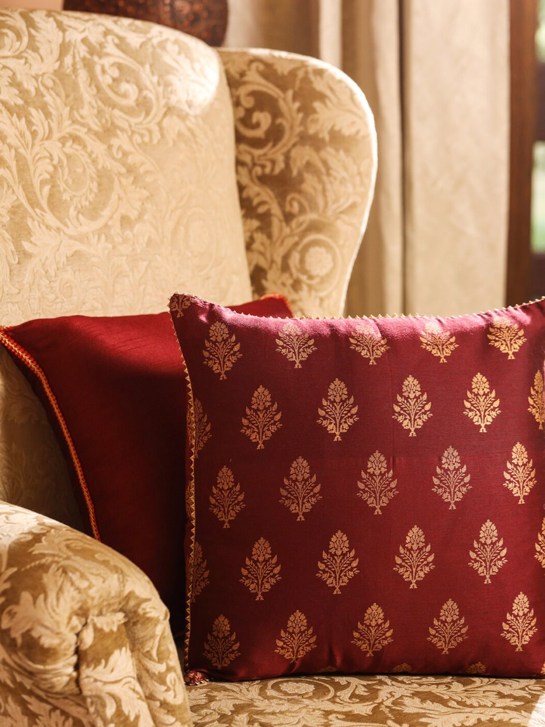 

House of Pataudi Maroon Ethnic Motifs Printed Square Cushion Cover