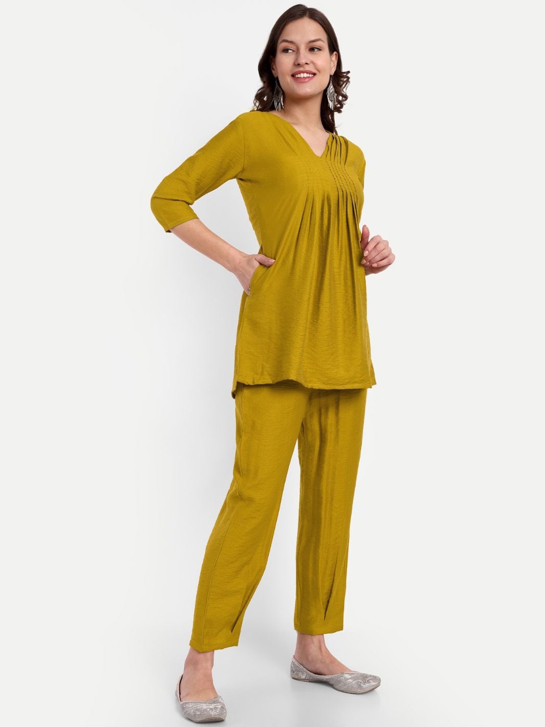 

FABDYOR V-Neck Tunic With Trousers, Yellow