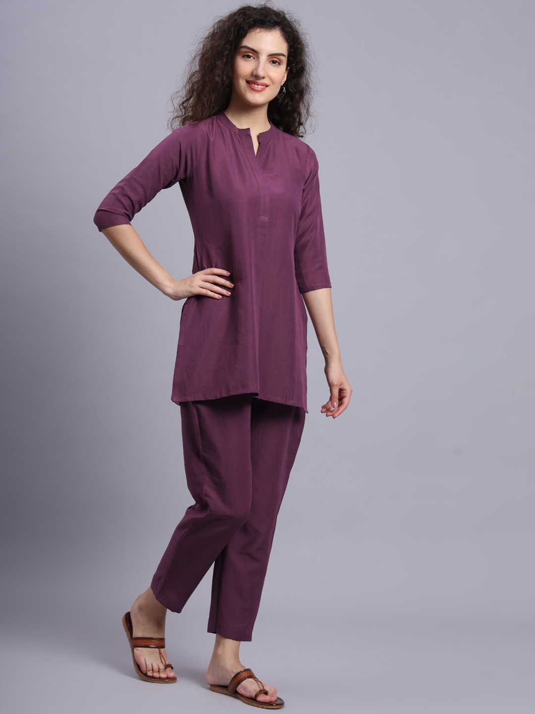 

FABDYOR Mandarin Collar Tunic With Trousers, Purple