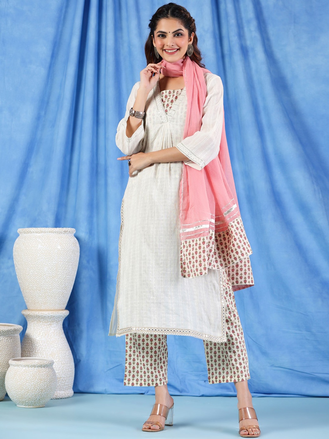 

Readiprint Striped Sequinned Pure Cotton A Line Kurta With Palazzos & Dupatta, Off white