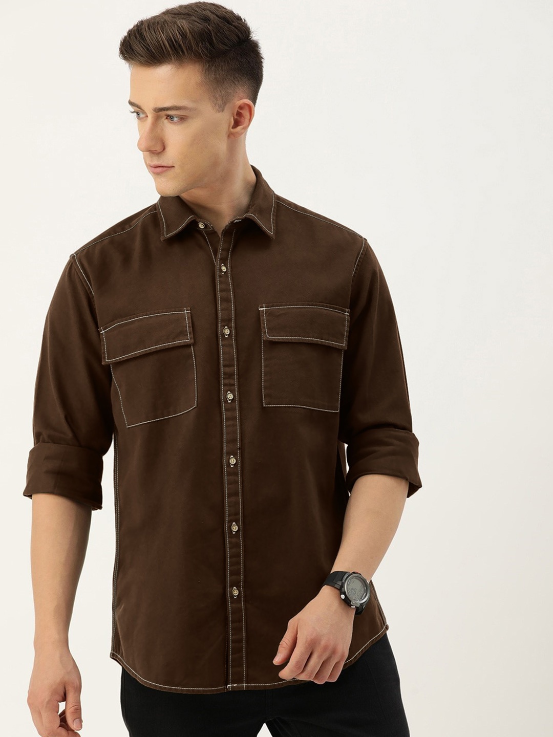 

Bene Kleed Opaque Casual Shirt with contrast stitch, Brown