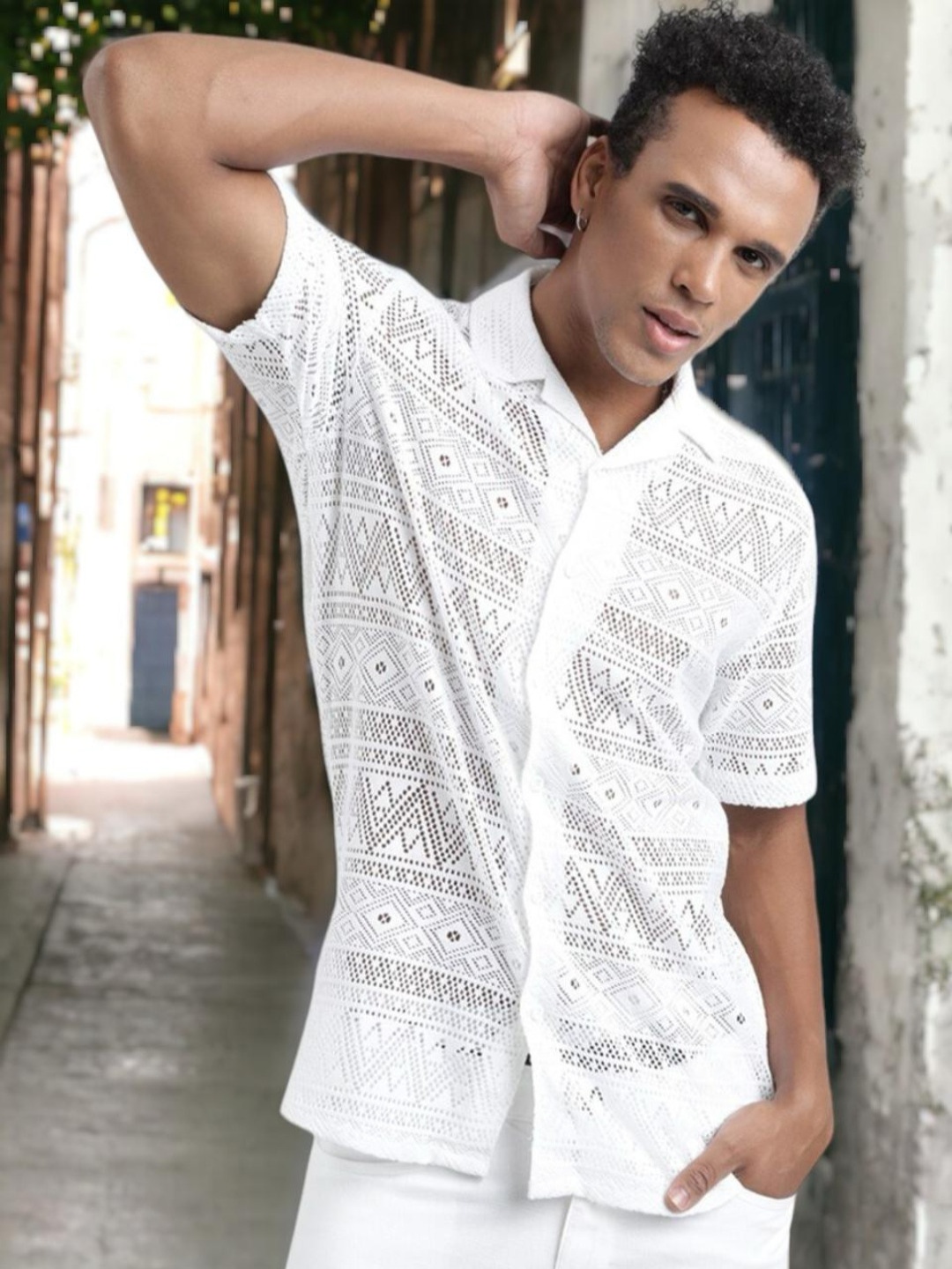 

Bene Kleed Self Design Lace Resort collar Casual Shirt, White