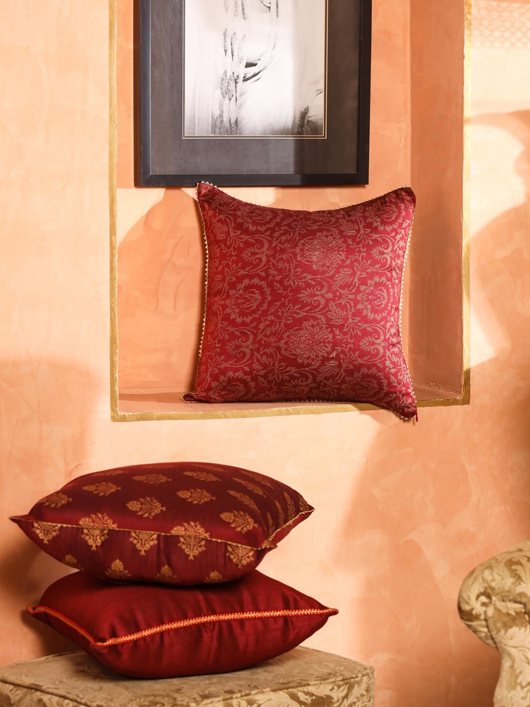 

House of Pataudi Maroon Ethnic Motifs Brocade Jaal Printed Cushion Cover