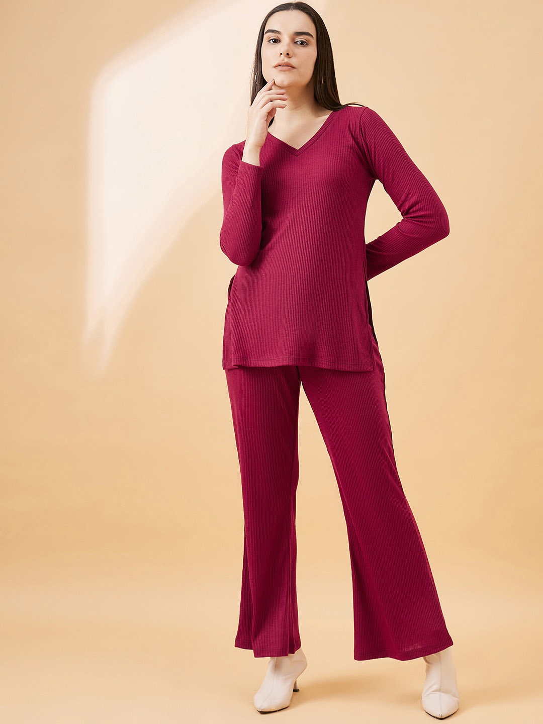 

all about you V-Neck Top With Trousers, Burgundy