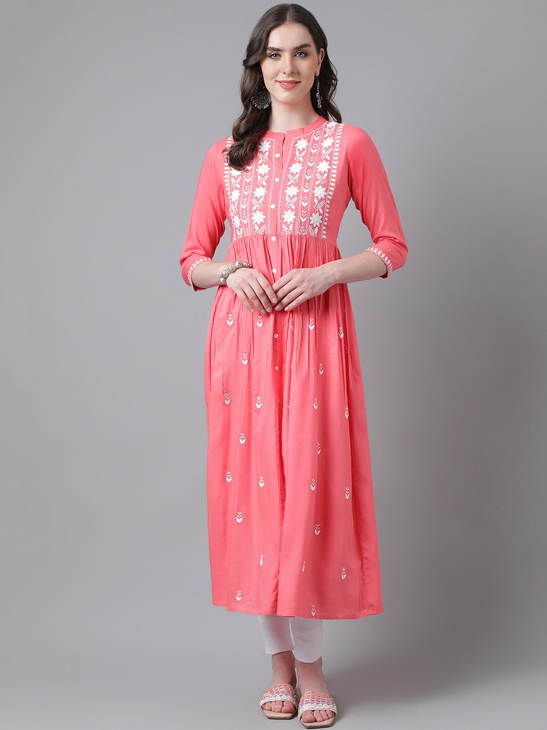 

PURVIJA KURTIES Floral Embroidered Mandarin Collar A-Line Kurta, Peach