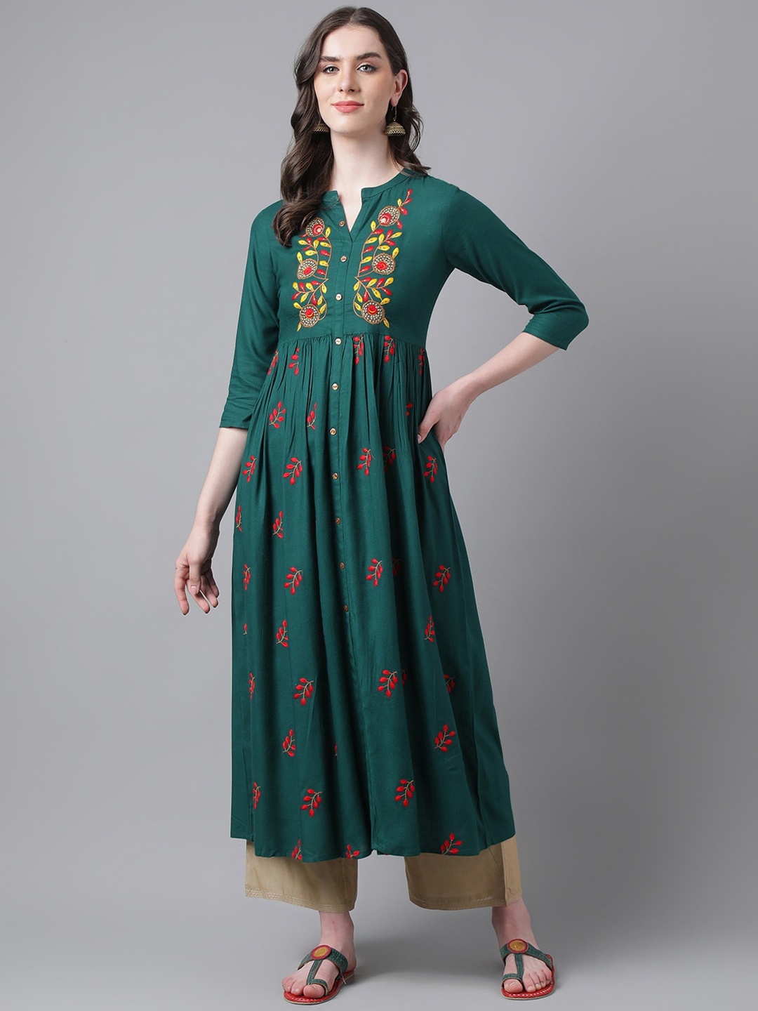 

PURVIJA KURTIES Floral Embroidered Thread Work Mandarin Collar Anarkali Kurta, Green