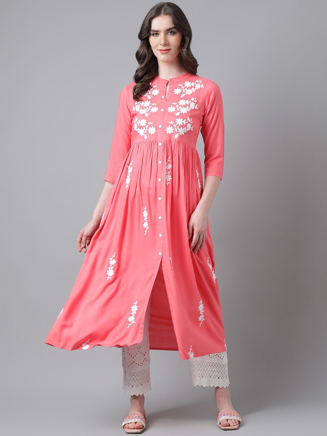 

PURVIJA KURTIES Floral Embroidered Thread Work Mandarin Collar Anarkali Kurta, Peach