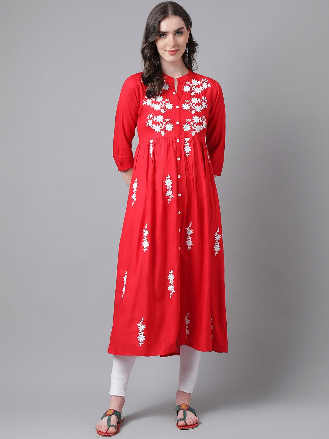 

PURVIJA KURTIES Floral Embroidered Thread Work Mandarin Collar Anarkali Kurta, Red