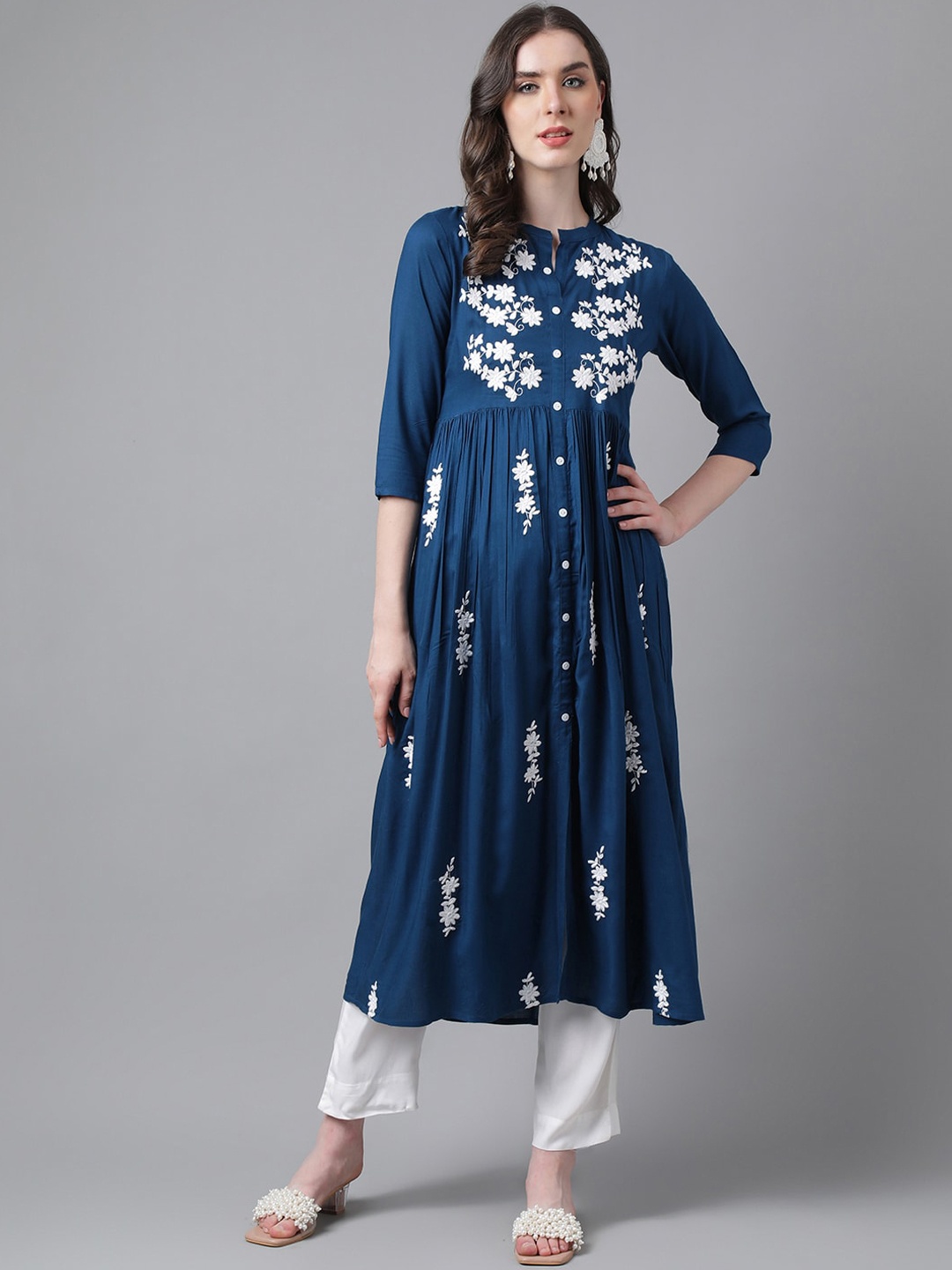 

PURVIJA KURTIES Floral Embroidered Pleated A-Line Kurta, Blue
