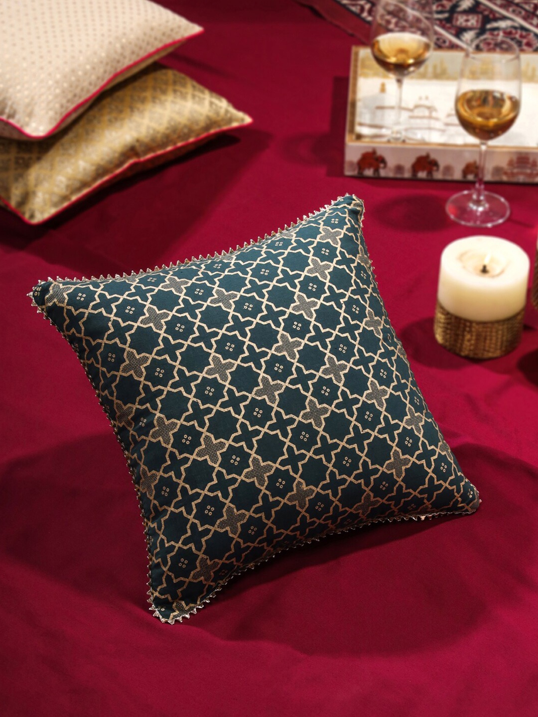 

House of Pataudi Green Ethnic Motifs Printed Cotton Linen Square Cushion Cover