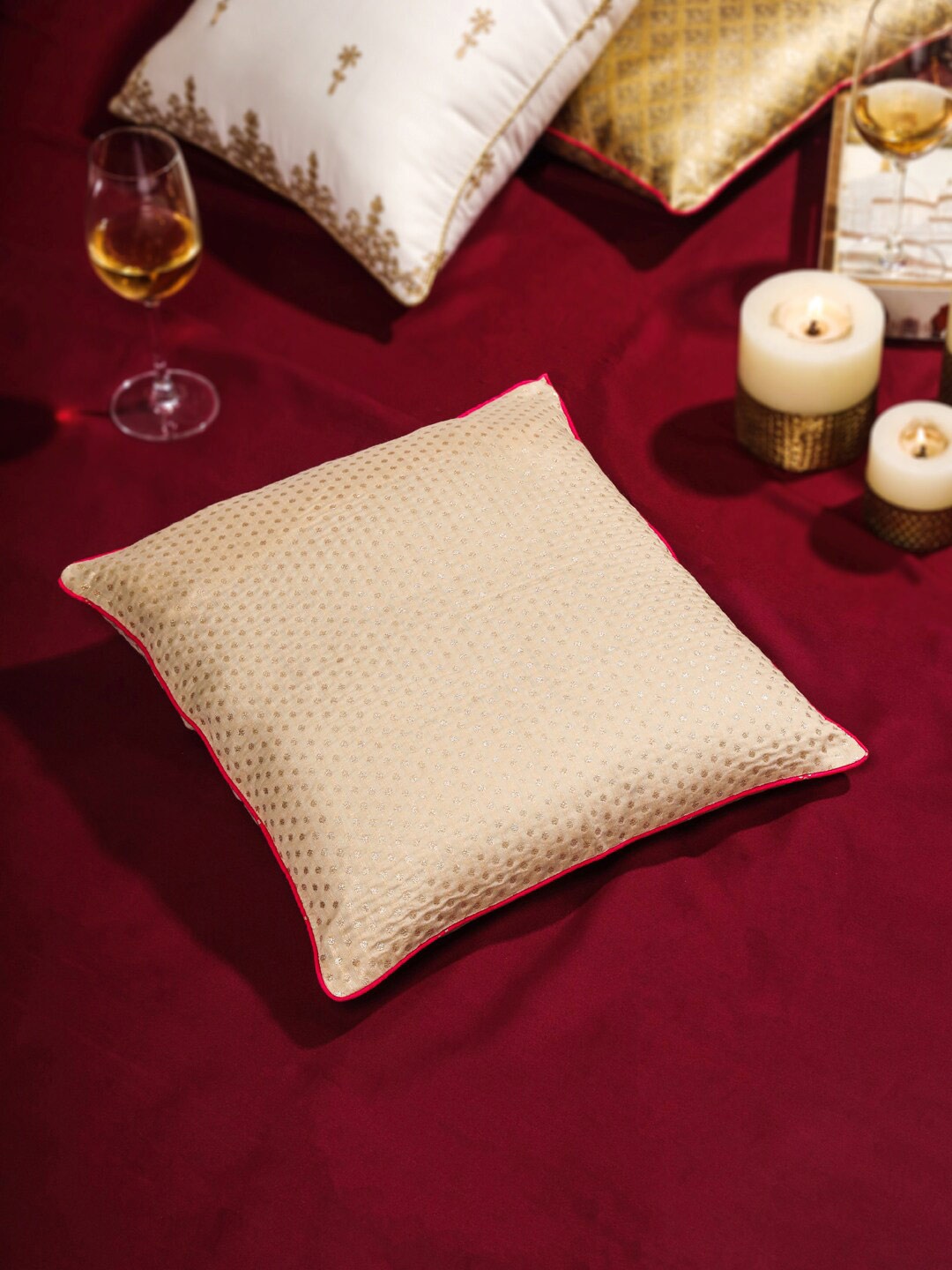 

House of Pataudi Beige Jacquard Square Cushion Cover