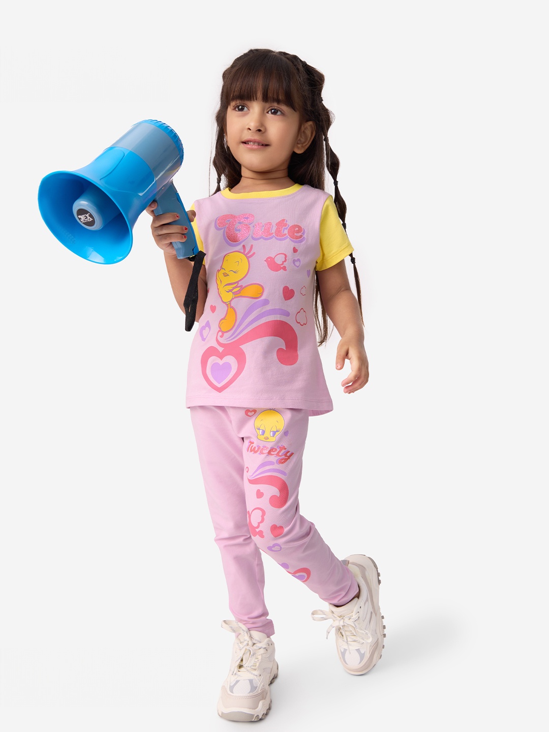 

The Souled Store Girls Printed Pure Cotton T-Shirt With Trousers Clothing Set, Lavender