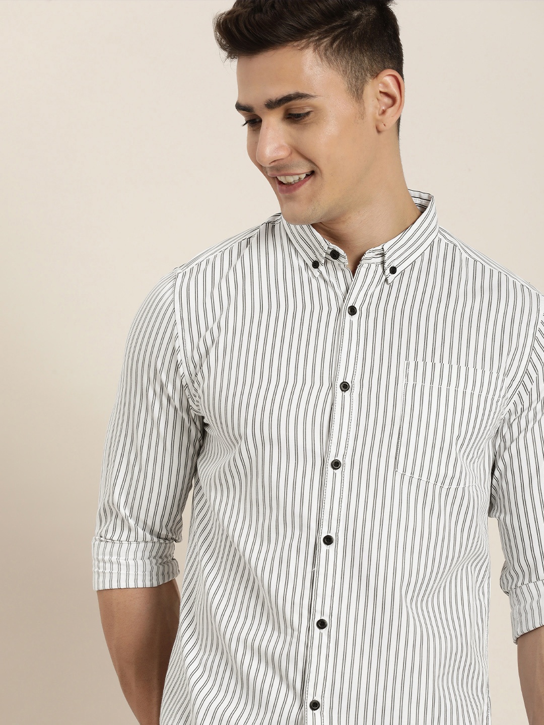 

HERE&NOW Men Slim Fit Striped Casual Shirt, White
