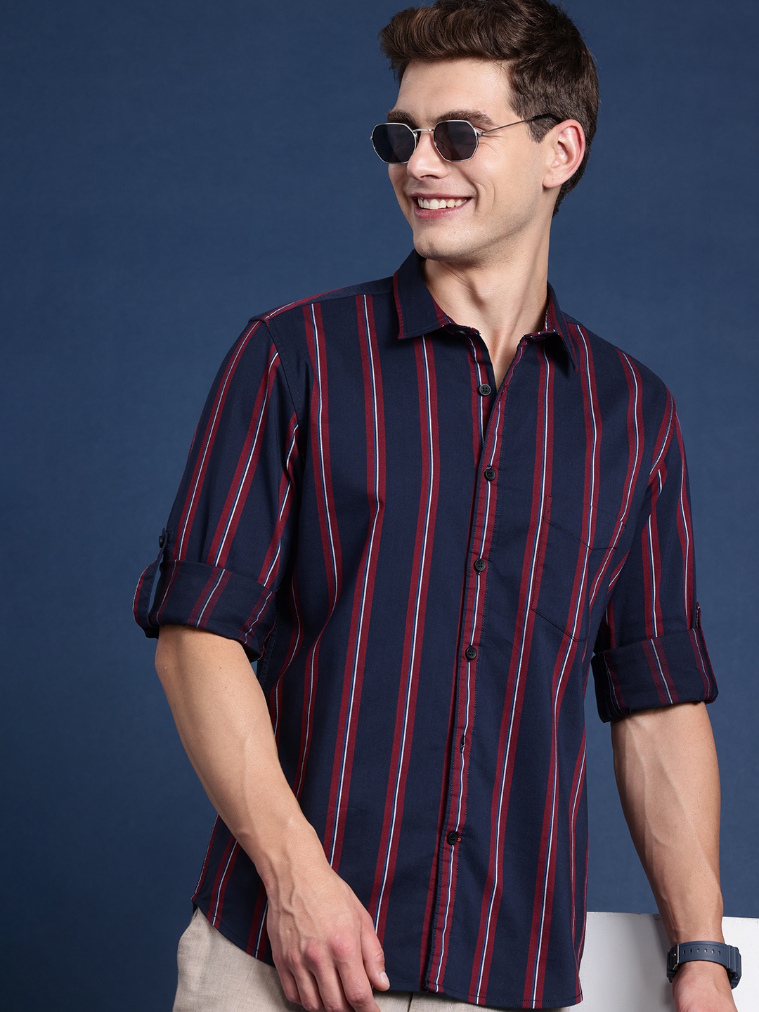 

Mast & Harbour Men Slim Fit Striped Casual Shirt, Navy blue