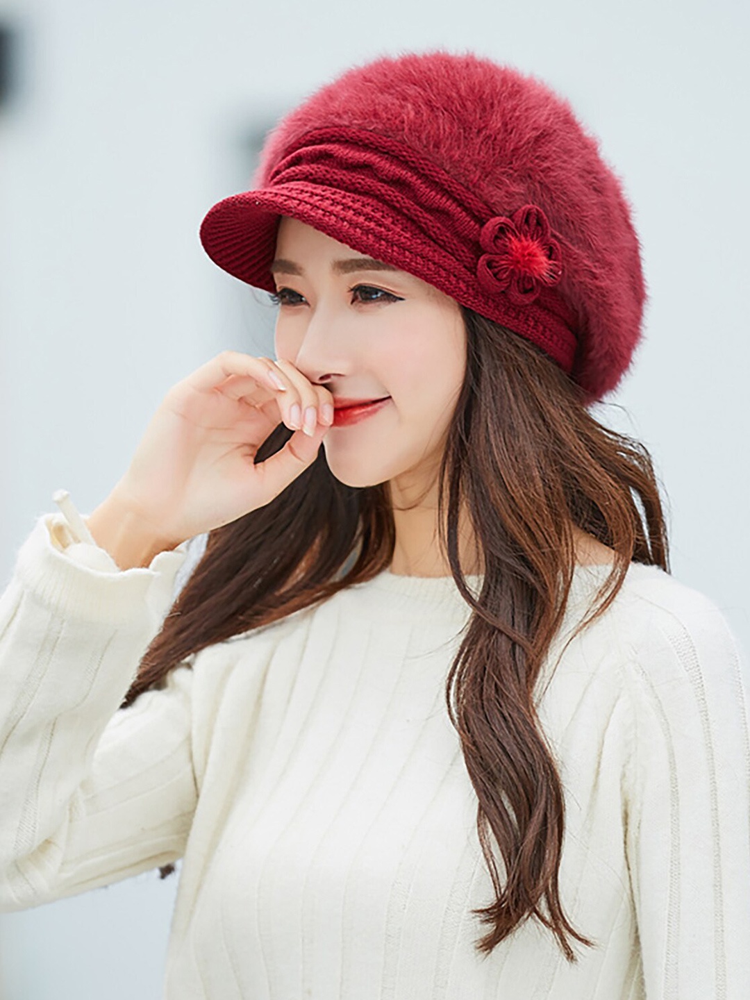 

YOUSTYLO Women Self Design Woollen Beanie, Maroon