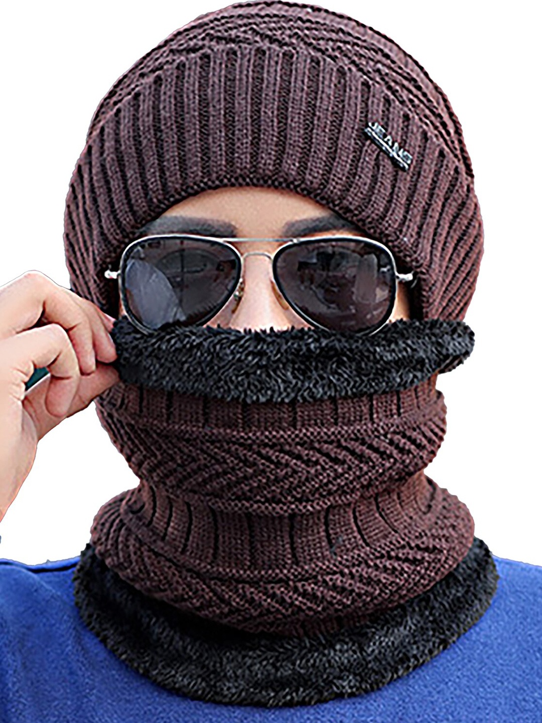 

YOUSTYLO Unisex Brown Woollen Beanie With Scarf