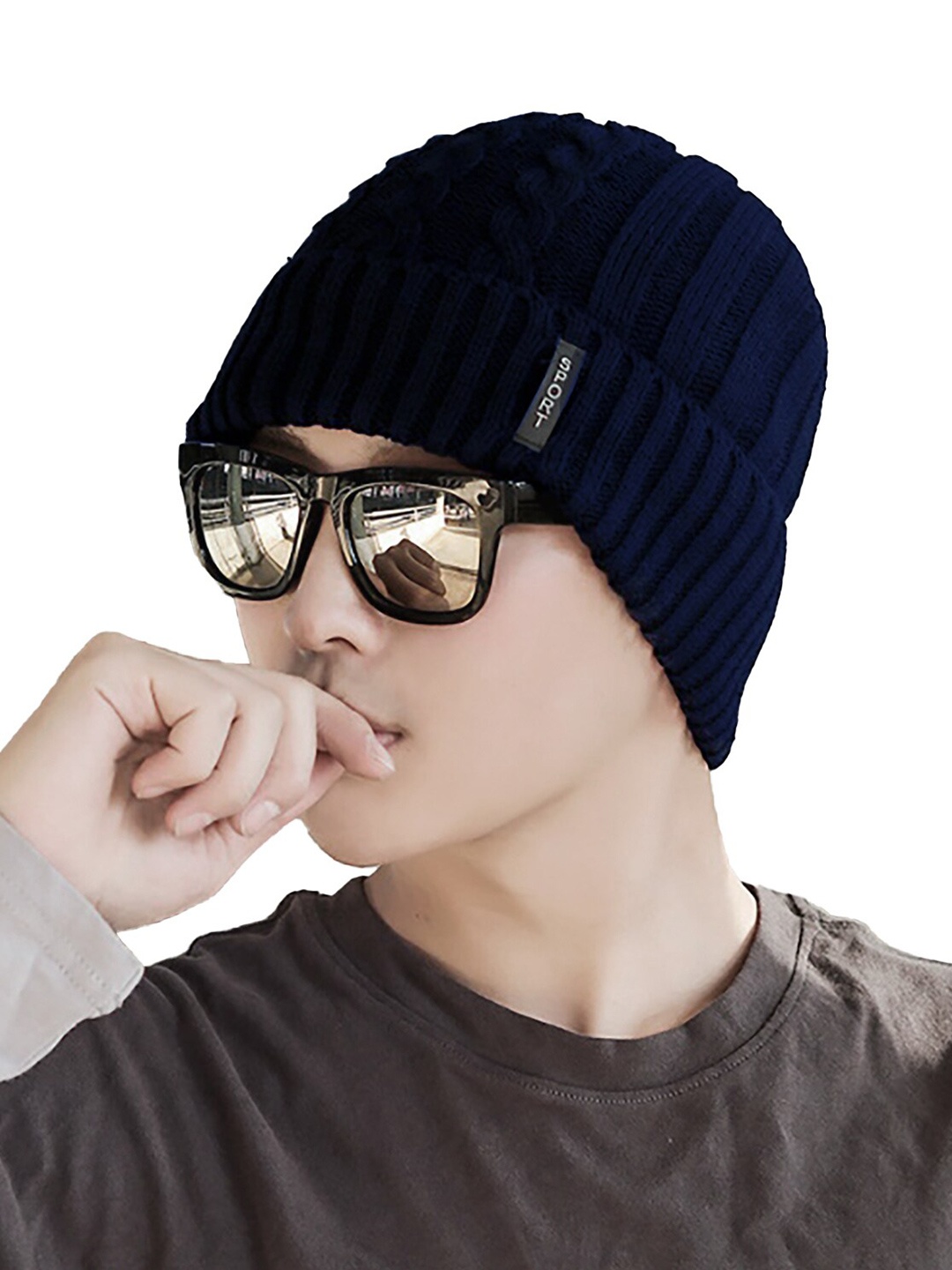

YOUSTYLO Unisex Self Design Woollen Beanie, Navy blue