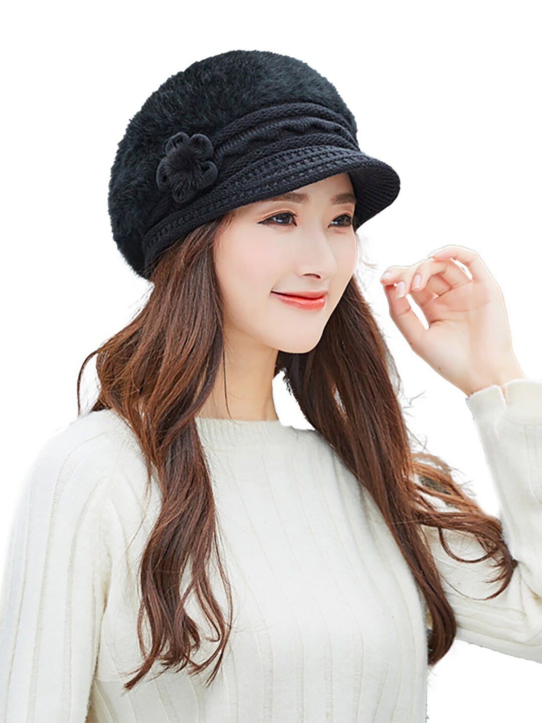 

YOUSTYLO Women Self Design Woollen Beanie, Black