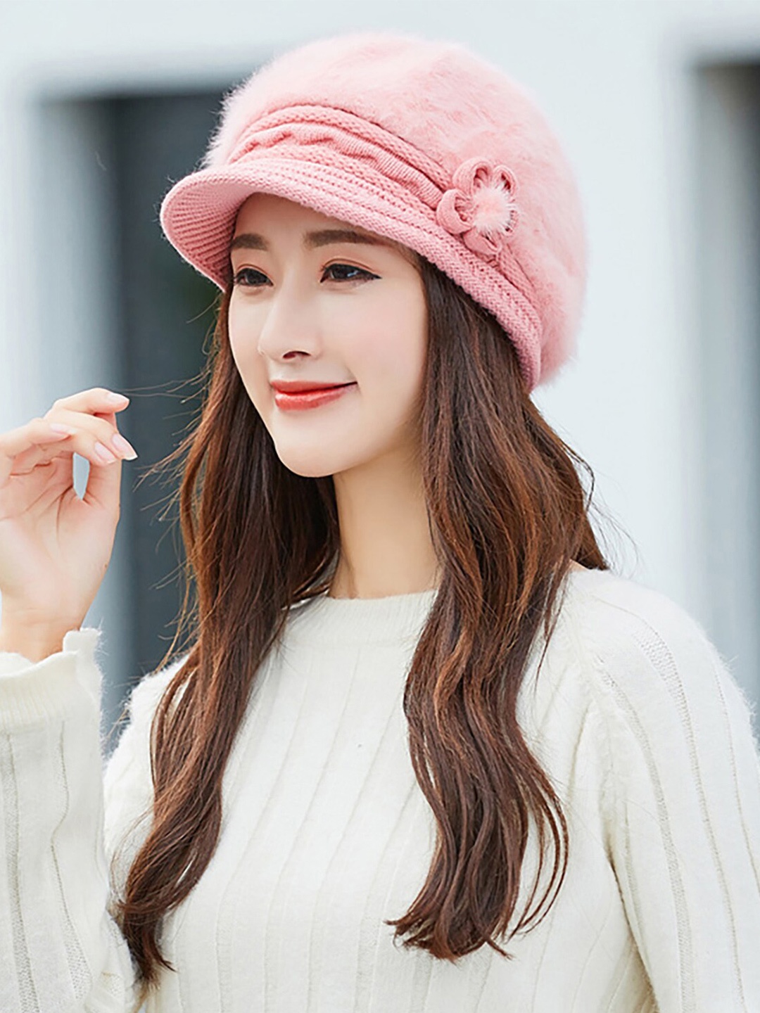 

YOUSTYLO Women Self Design Woollen Beanie, Pink