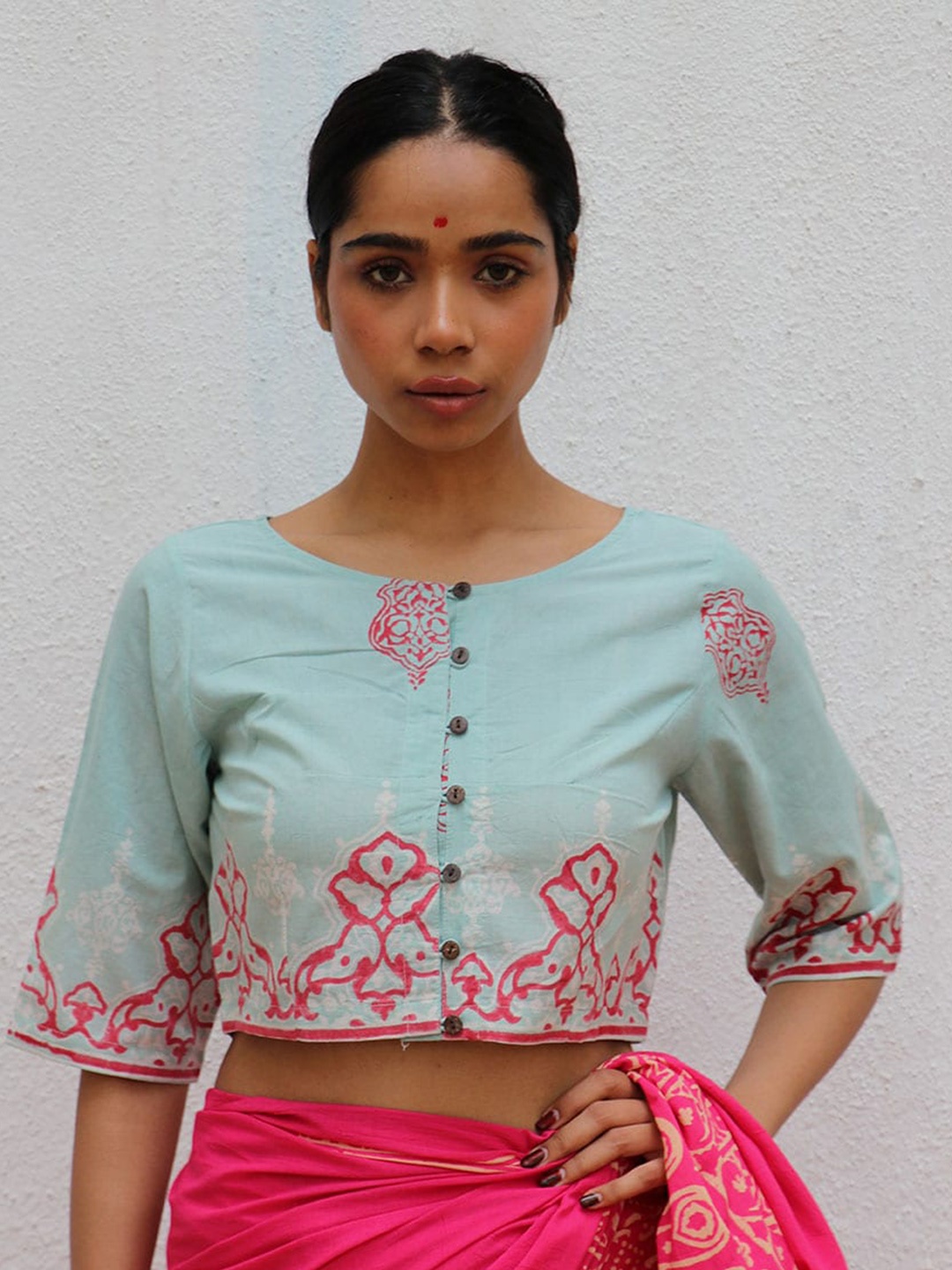 

Chidiyaa Ethnic Motifs Handblock Printed Cotton Round Neck Saree Blouse, Sea green