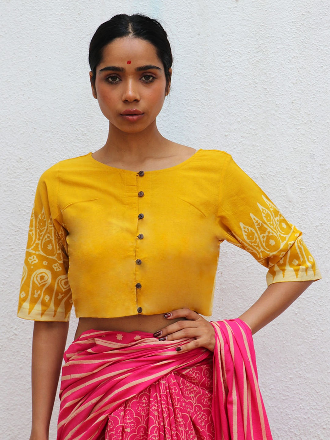 

Chidiyaa Ethnic Motifs Printed Cotton Blouse, Mustard