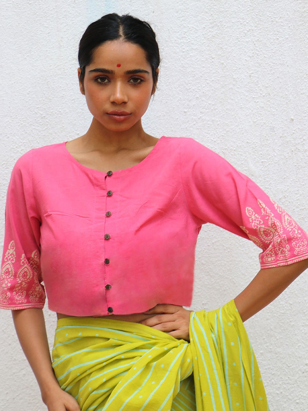 

Chidiyaa Ethnic Motif Block Printed Cotton Saree Blouse, Pink