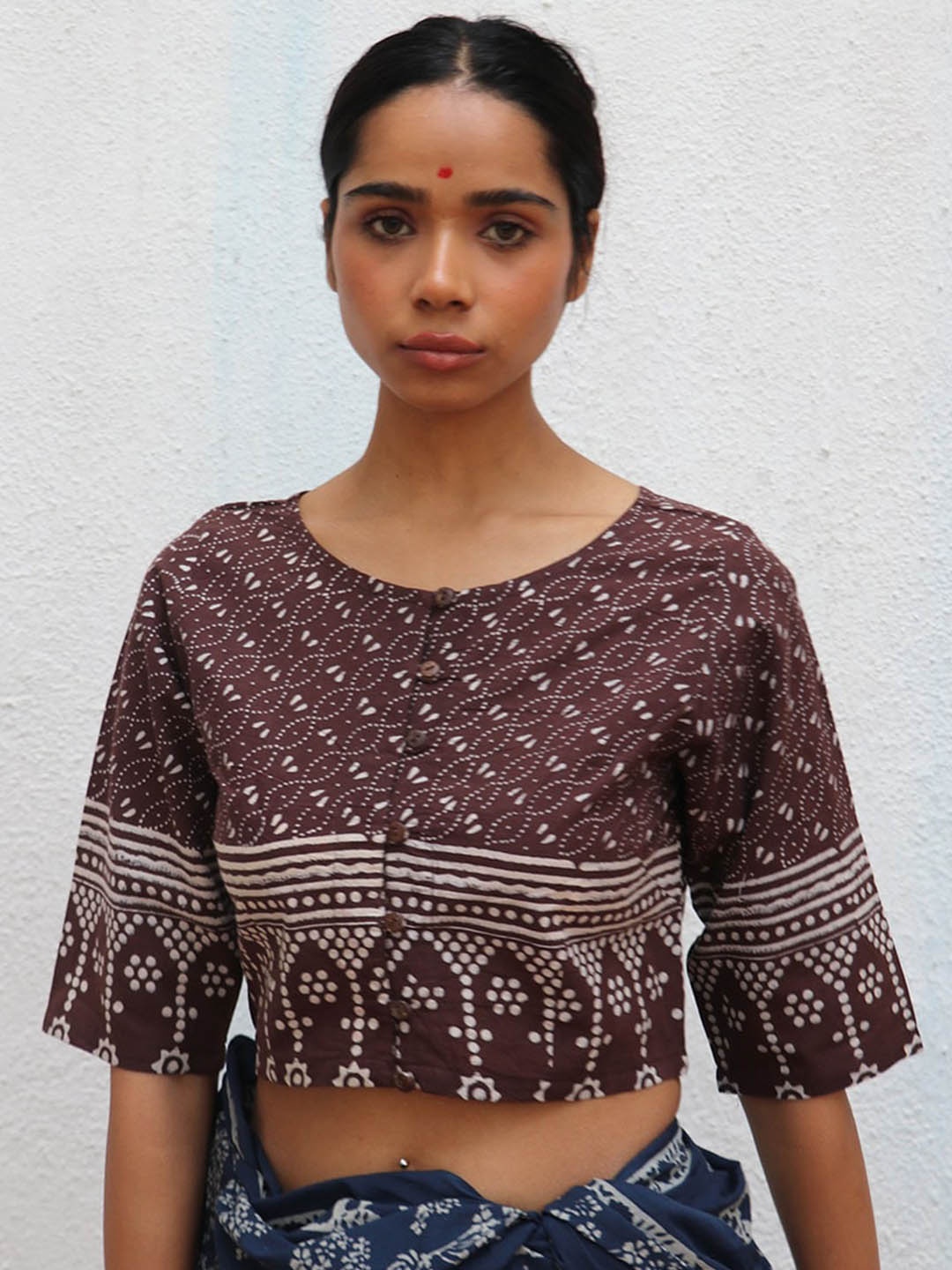 

Chidiyaa Printed Cotton Saree Blouse, Coffee brown