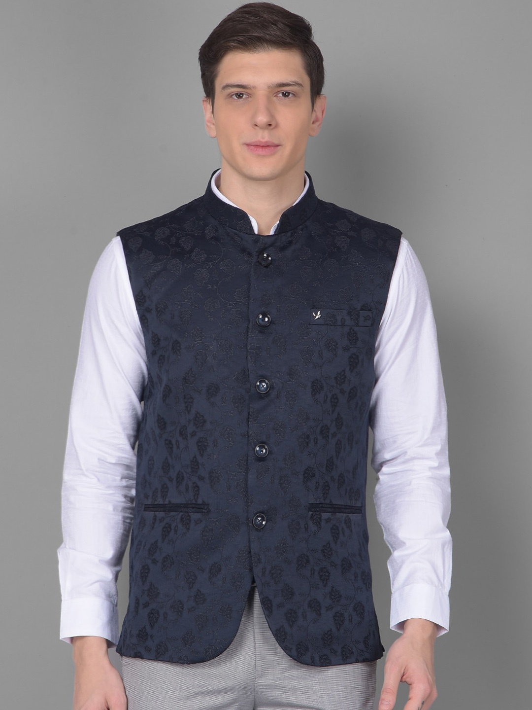 

Canary London Printed Mandarin collar Sleeveless Nehru Jacket, Navy blue
