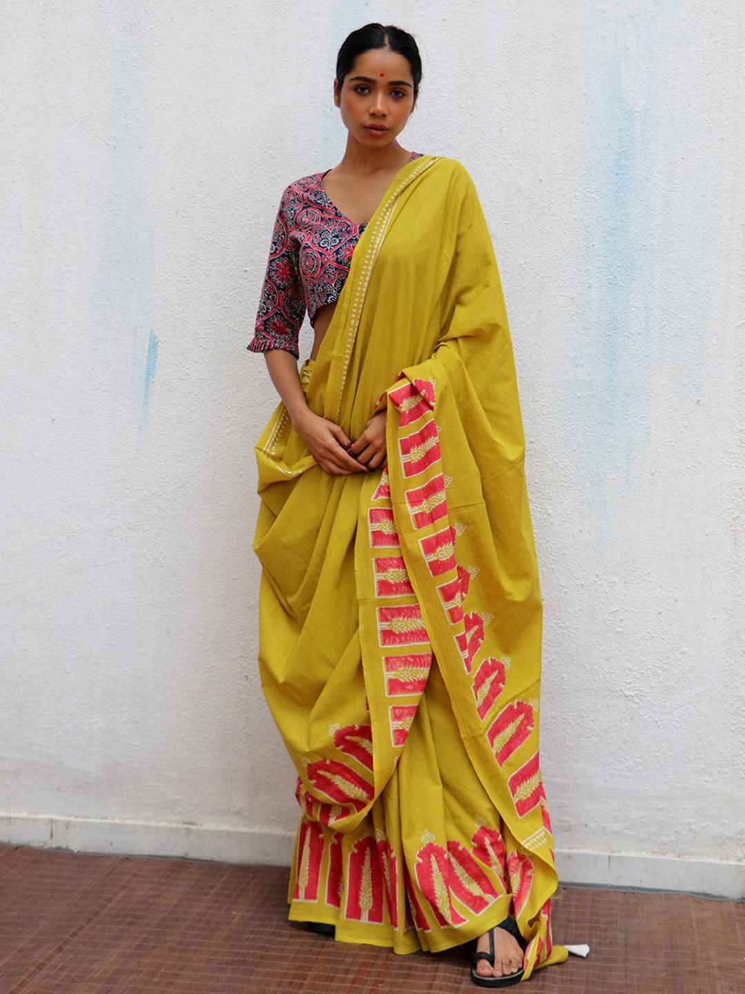 

Chidiyaa Ethnic Motifs Printed Border Pure Cotton Saree, Mustard