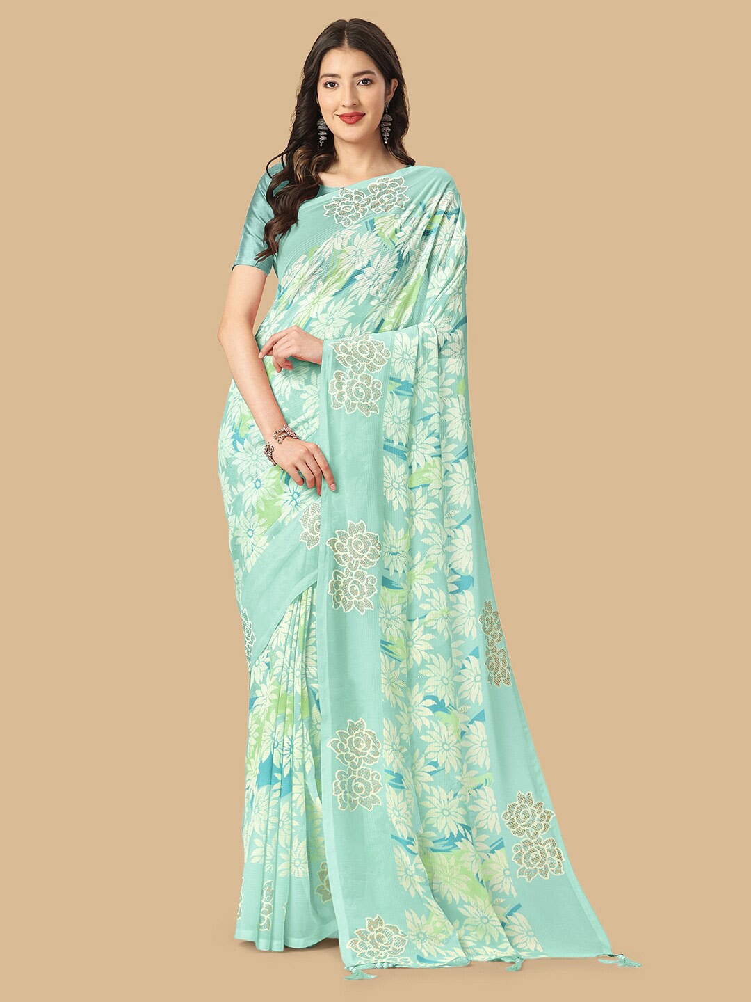 

Kasak Floral Printed Pure Chiffon Banarasi Saree, Turquoise blue