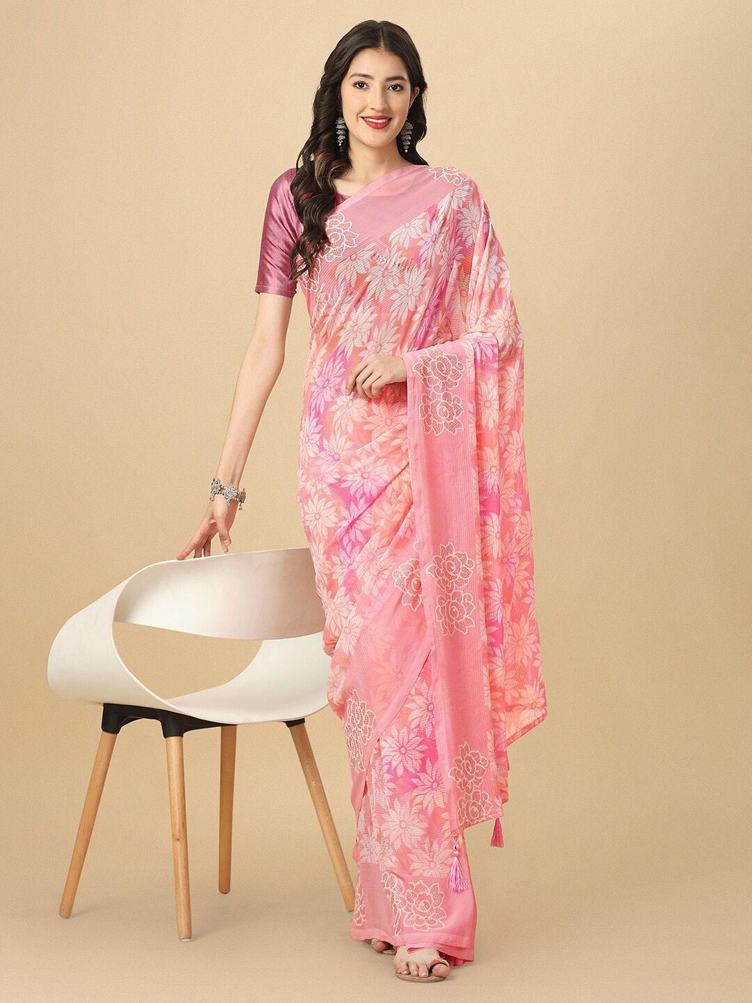 

Kasak Floral Printed Pure Chiffon Banarasi Saree, Pink